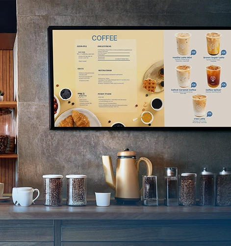 Digitální obrazovka s kávovým menu spravovaná pomocí softwaru Displio – ideální nástroj pro kavárny a coffee shopy.
