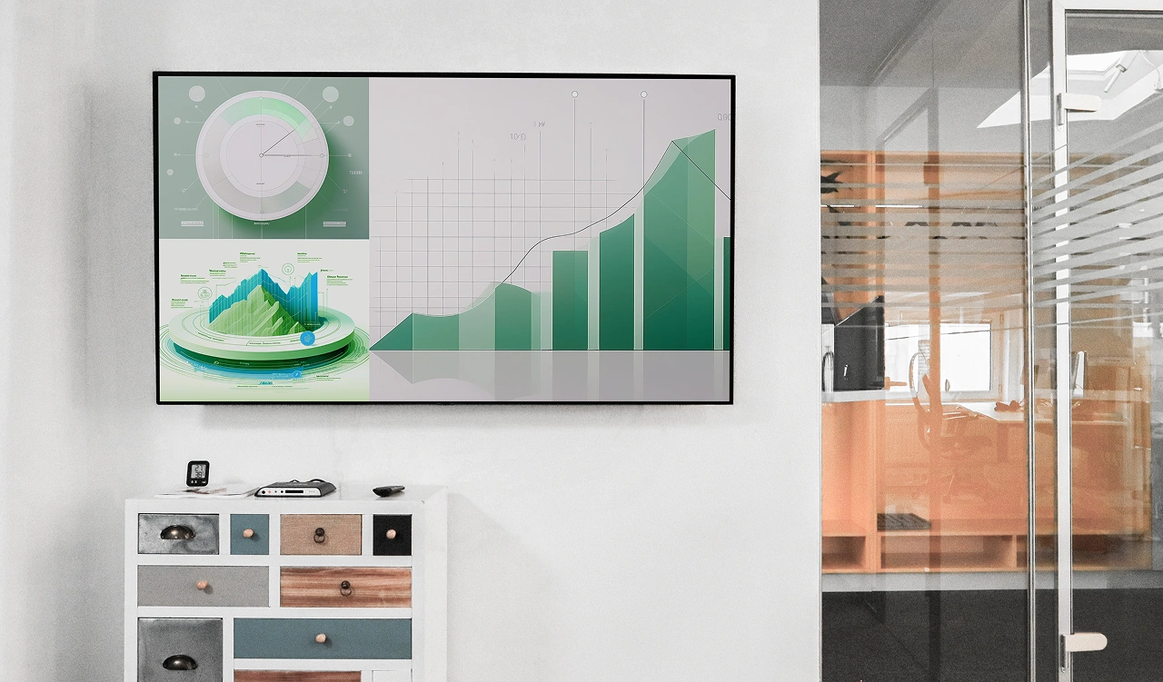 Digital signage solution managed by Displio software displaying key metrics and data visualizations in an open-plan office.